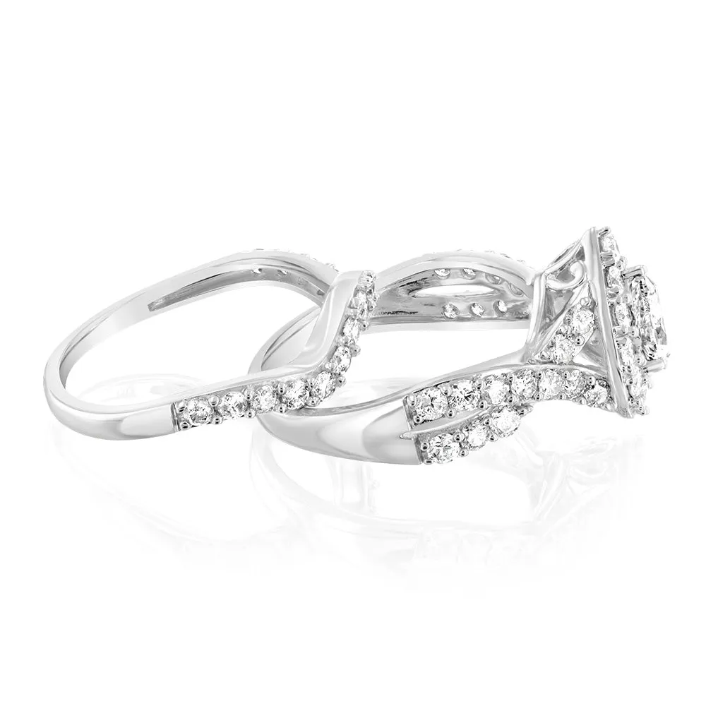 14ct White Gold 1.95 Carat Diamond Bridal 2 Ring set with Pear Centre Diamond Surrounded by Brilliant Cut Diamond Halo