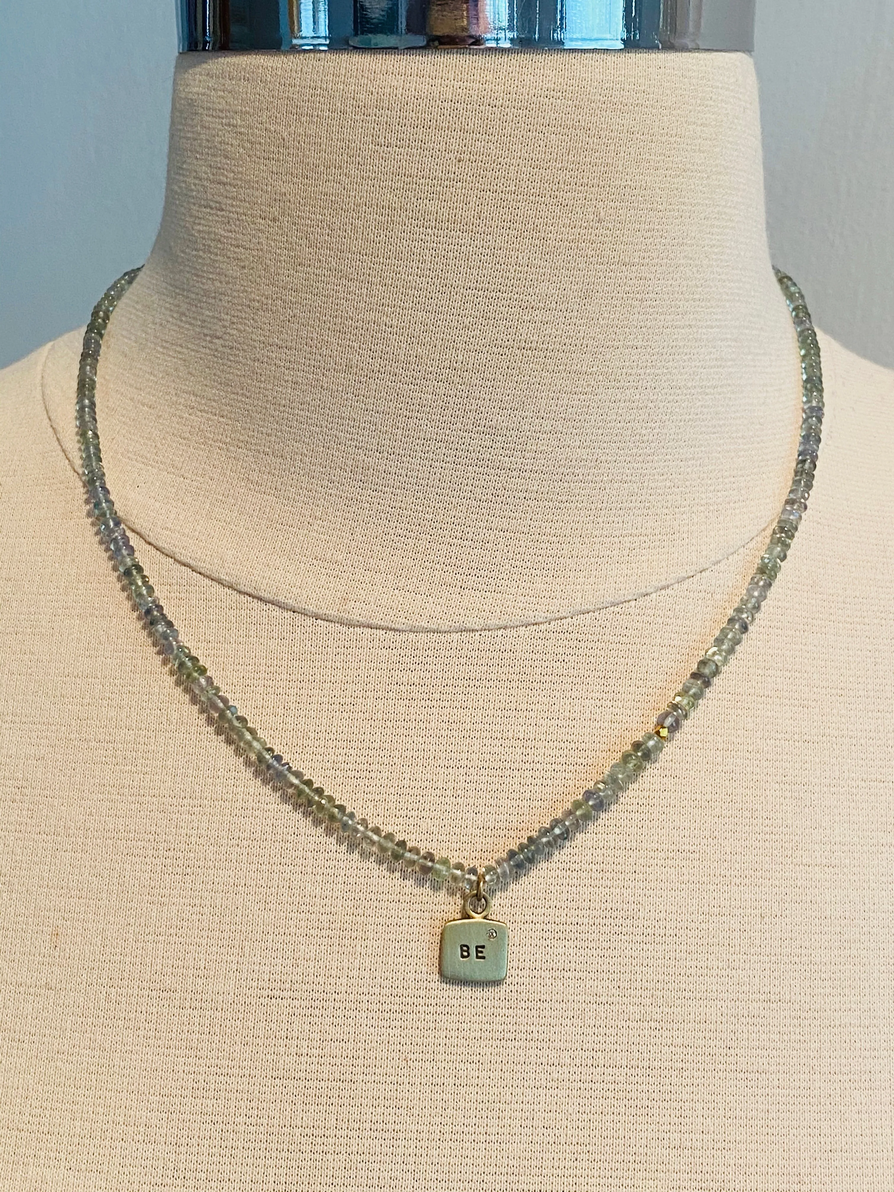 18” Graduated Prehnite Beads with 14k Gold Diamond ‘BE’ Tag Charm Necklace