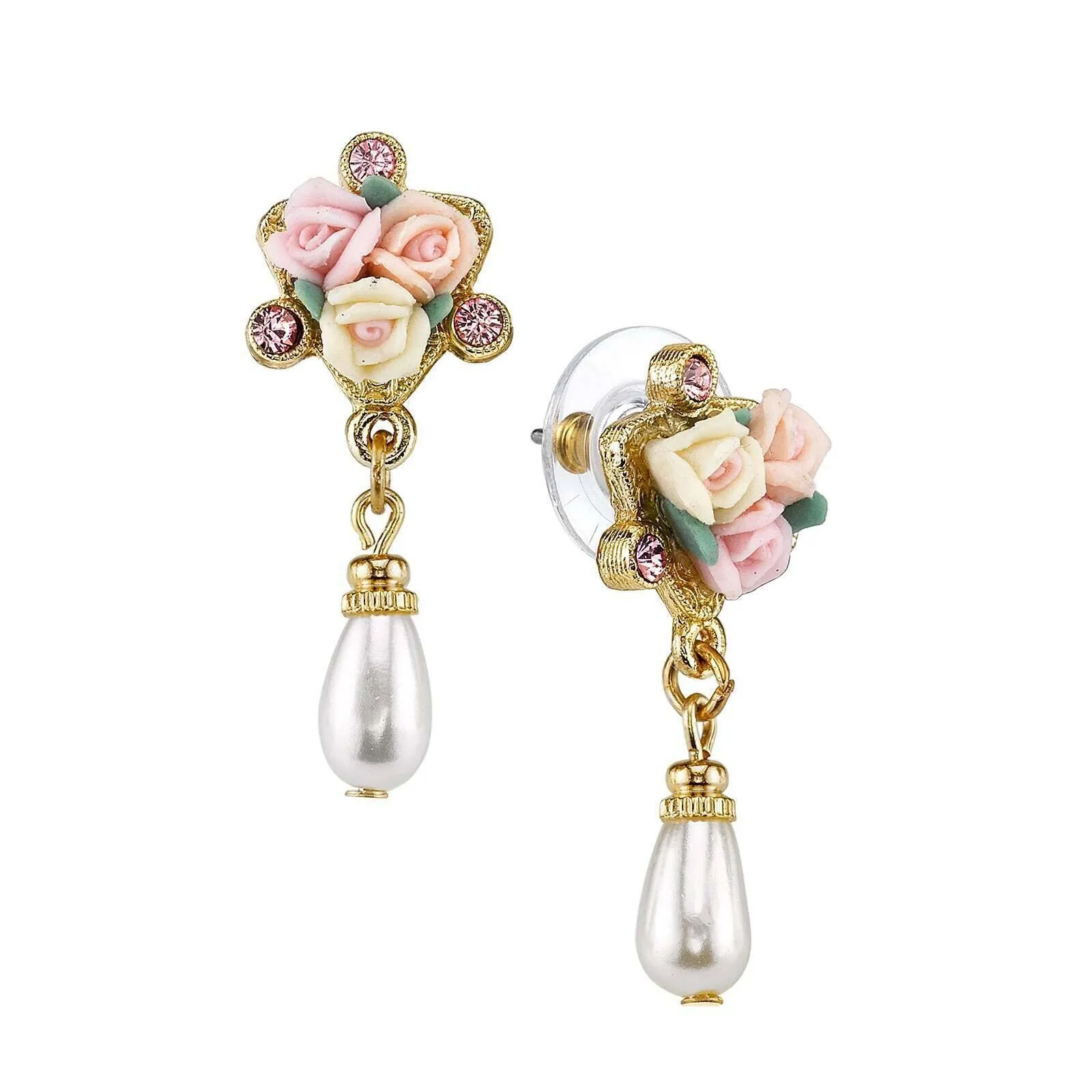 1928 Bridal Multi-Color Porcelain Rose Pink Crystal Faux Pearl Drop Post Earrings