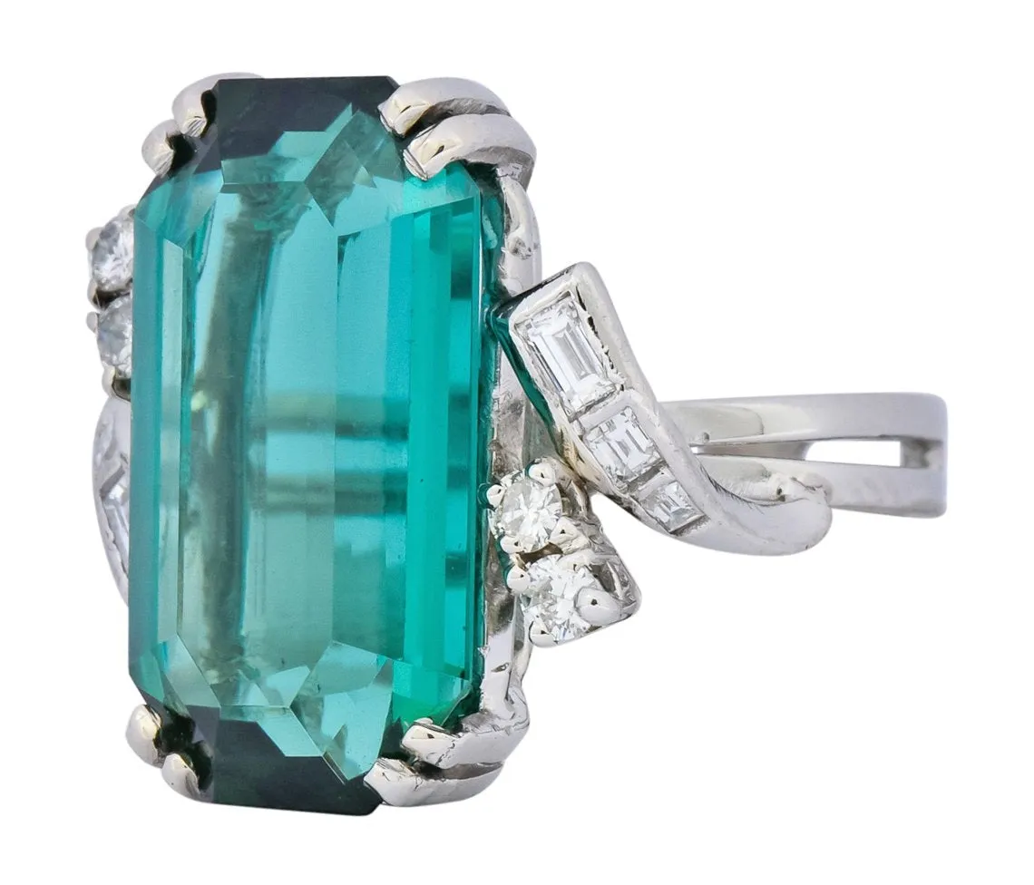 1960's 8.28 CTW Emerald Cut Tourmaline Diamond Platinum Cocktail Ring