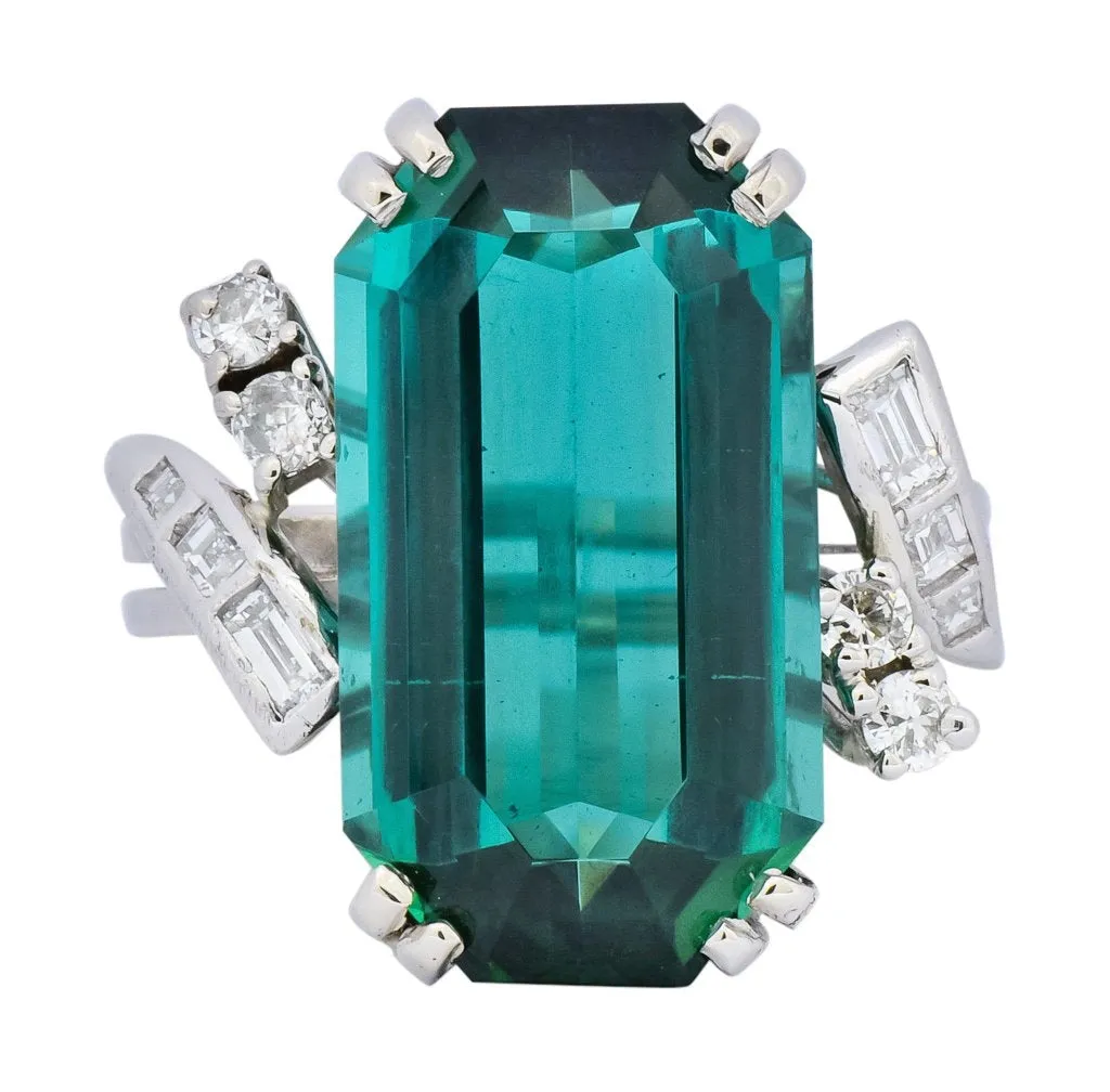 1960's 8.28 CTW Emerald Cut Tourmaline Diamond Platinum Cocktail Ring