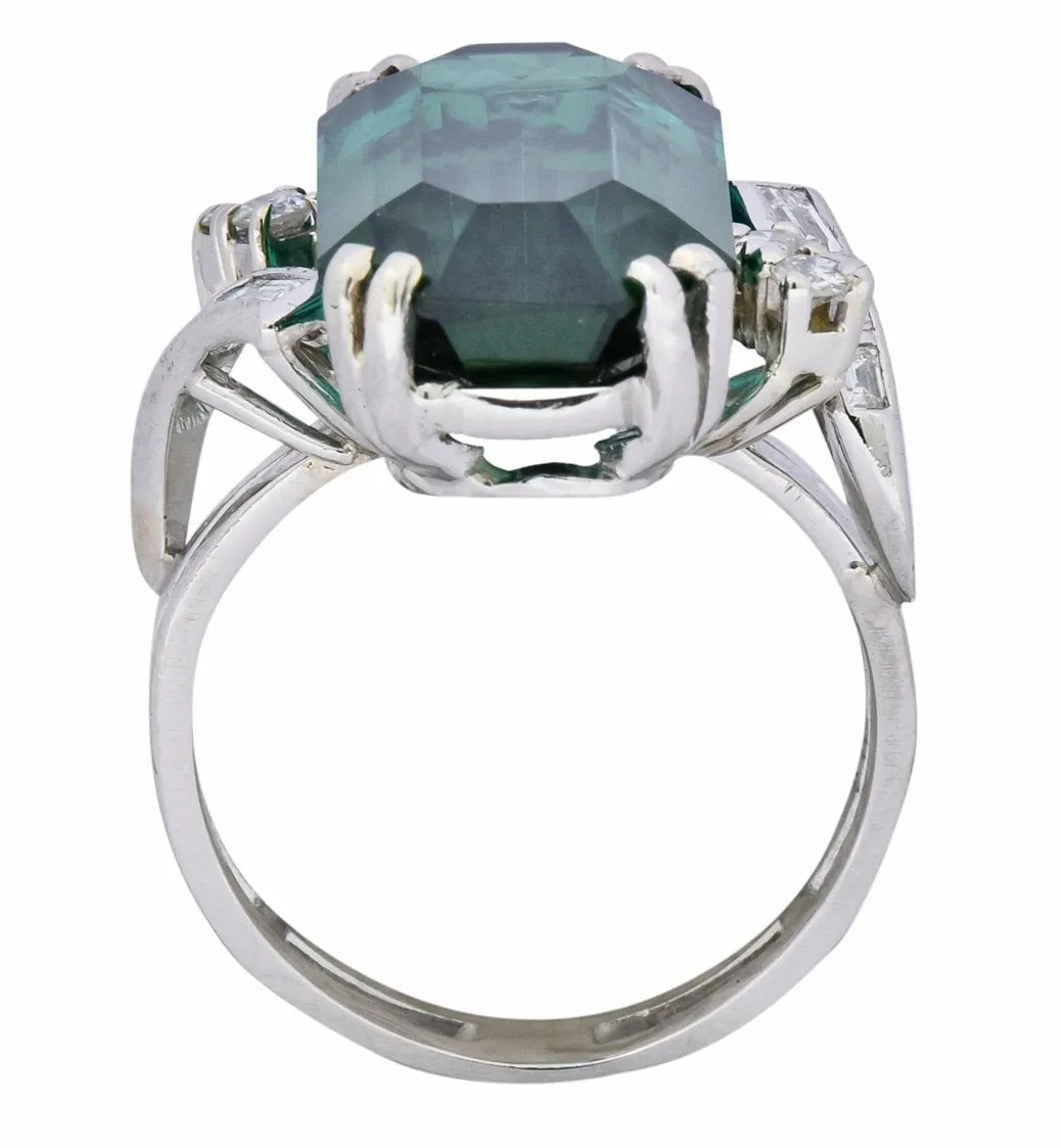 1960's 8.28 CTW Emerald Cut Tourmaline Diamond Platinum Cocktail Ring