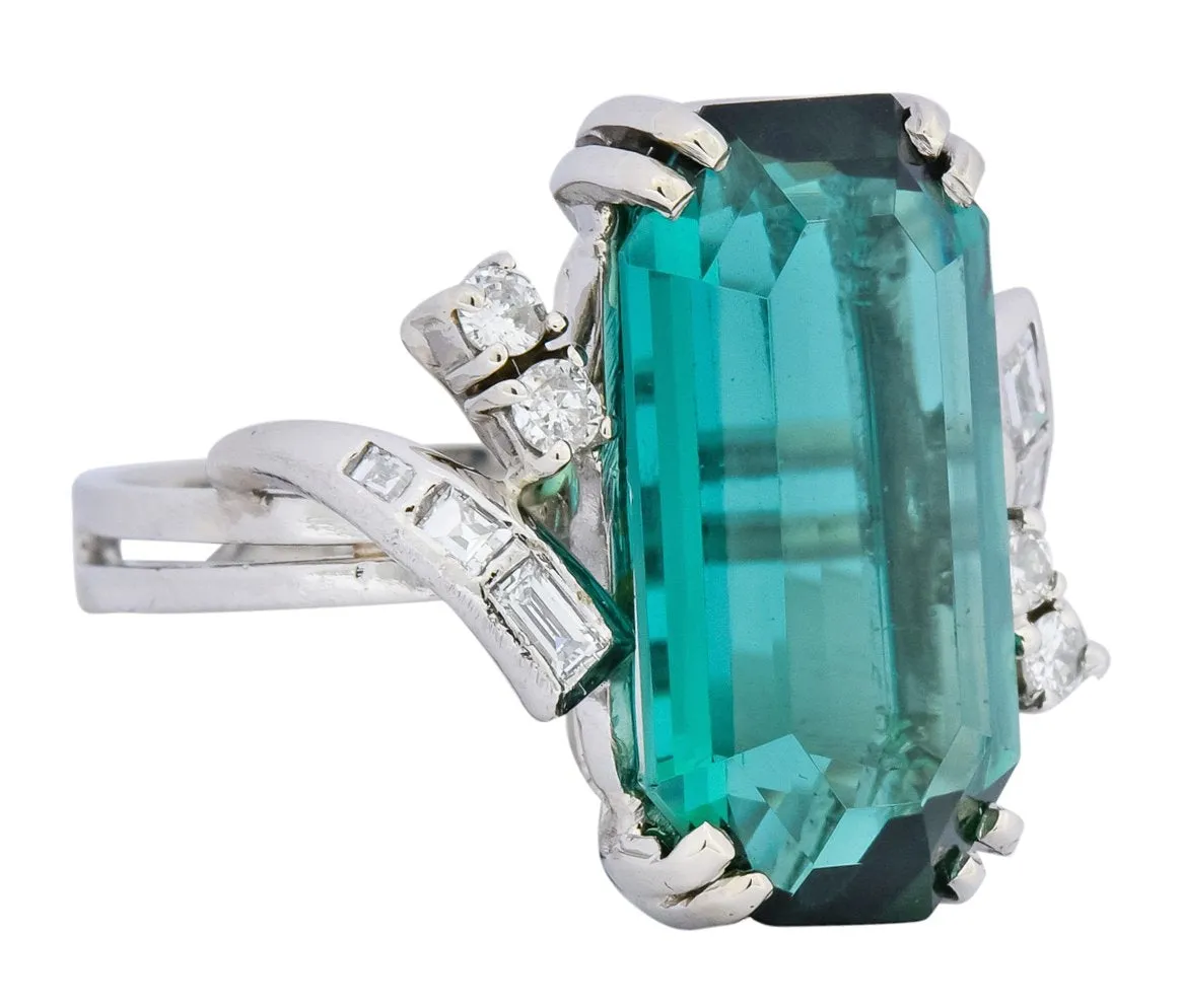 1960's 8.28 CTW Emerald Cut Tourmaline Diamond Platinum Cocktail Ring