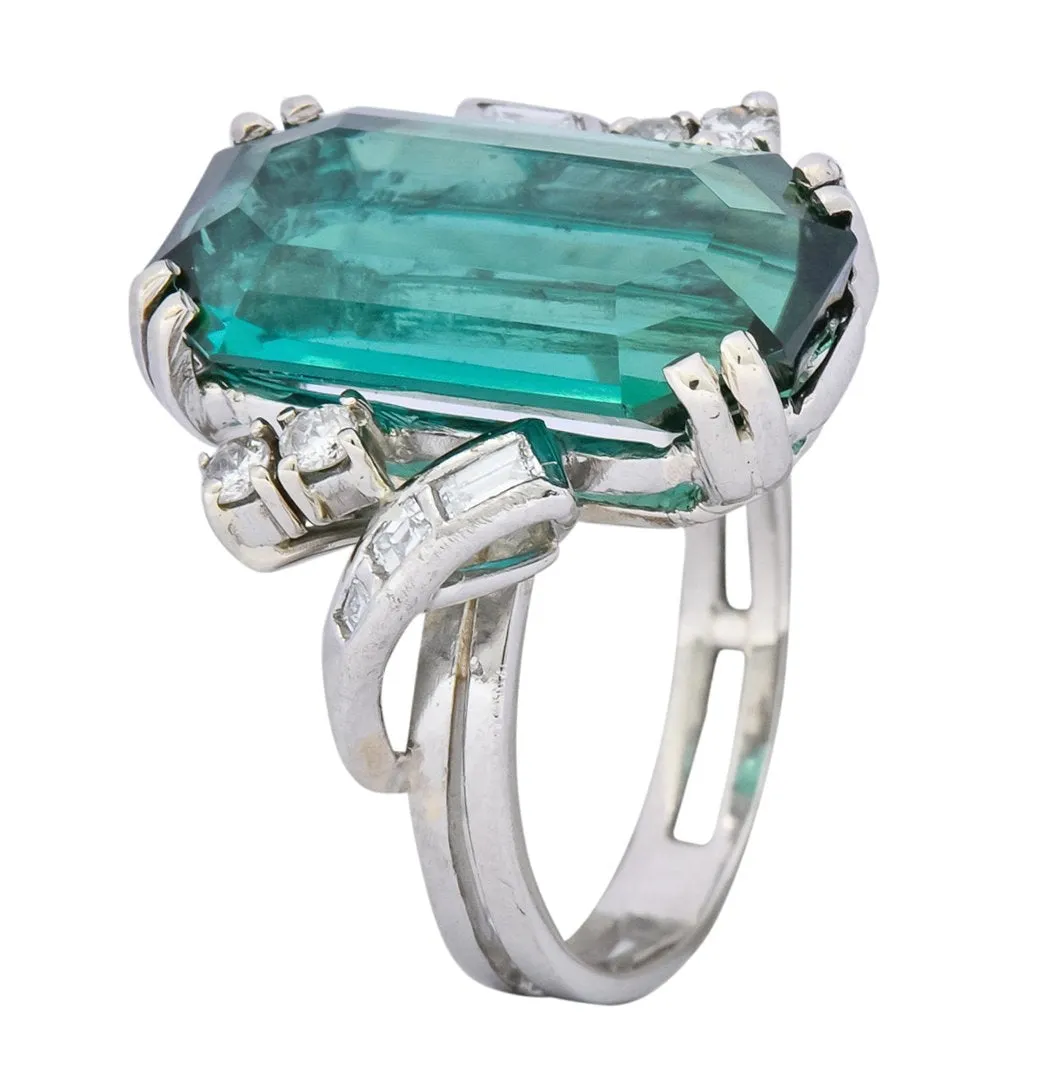 1960's 8.28 CTW Emerald Cut Tourmaline Diamond Platinum Cocktail Ring