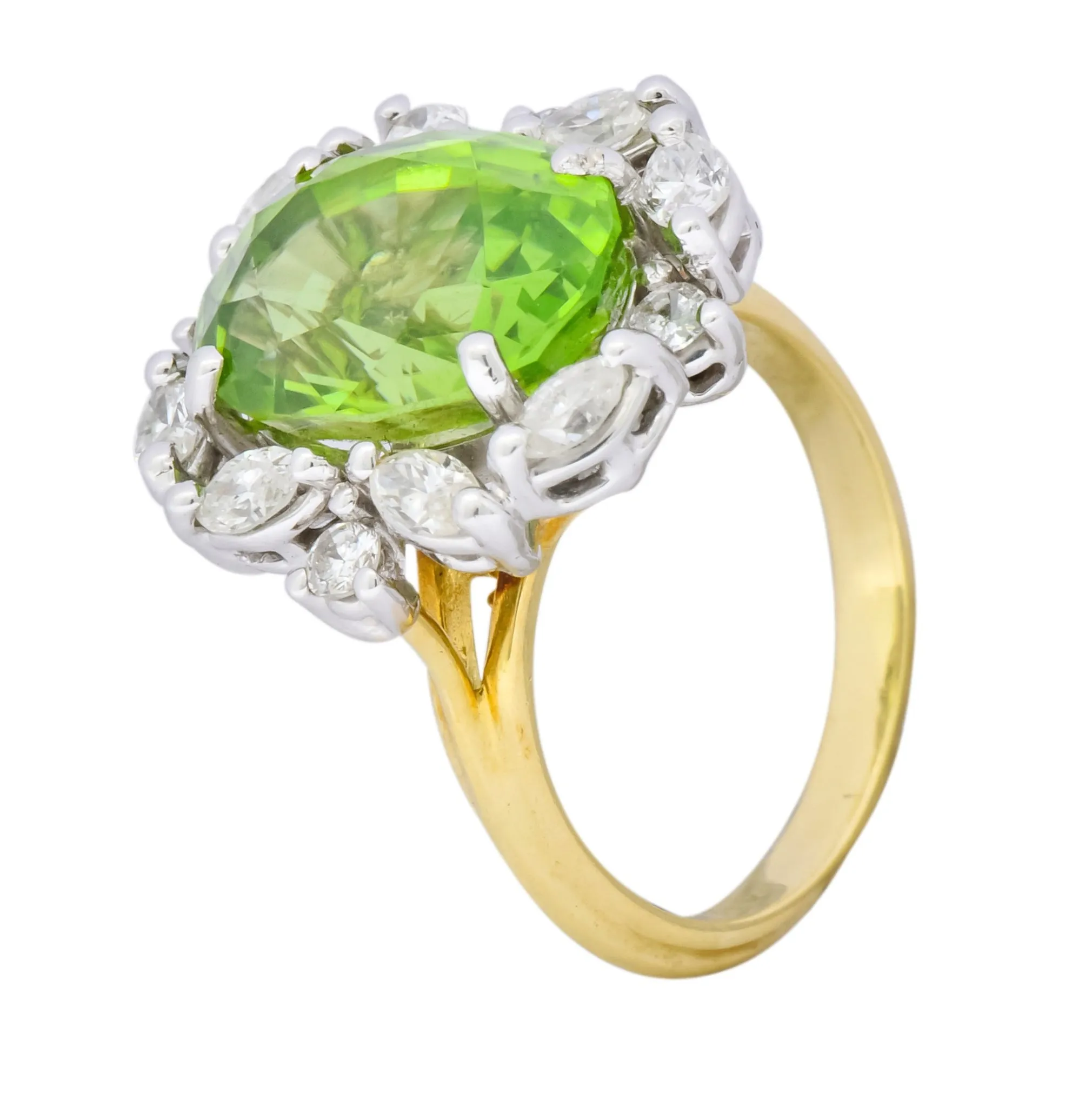 1970's 4.75 CTW Peridot Diamond 18 Karat Two-Tone Gold Cluster Ring