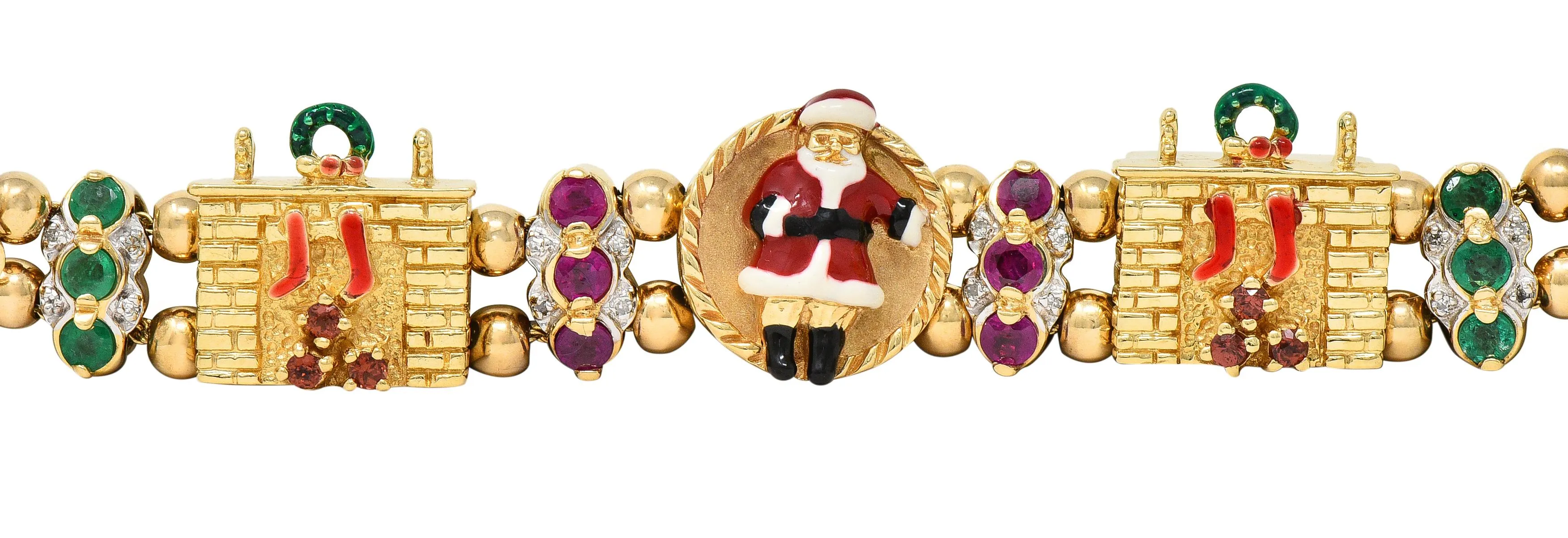 1990s Ruby Emerald Diamond Garnet Enamel 14 Karat Gold Vintage Christmas Slide Bracelet