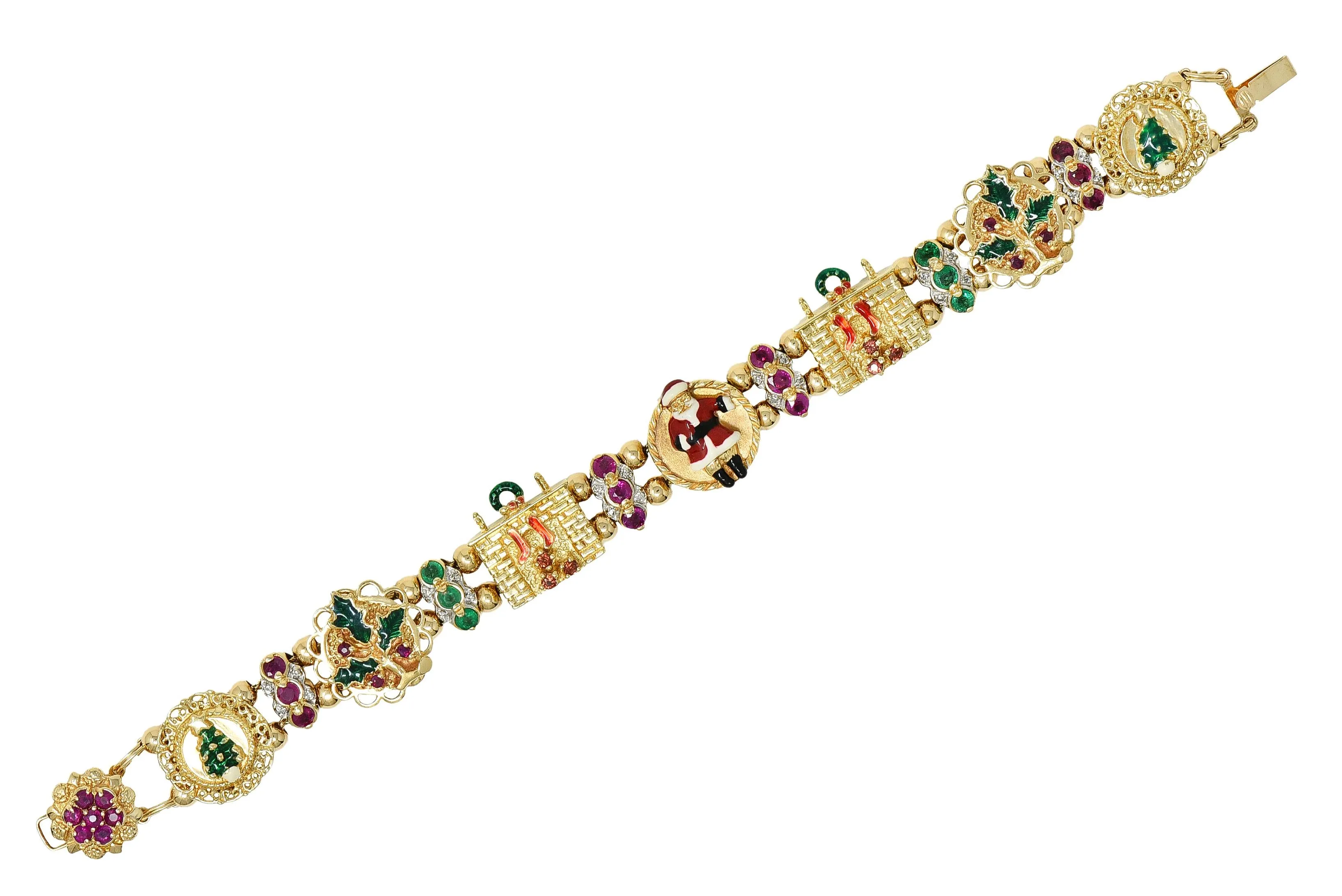 1990s Ruby Emerald Diamond Garnet Enamel 14 Karat Gold Vintage Christmas Slide Bracelet