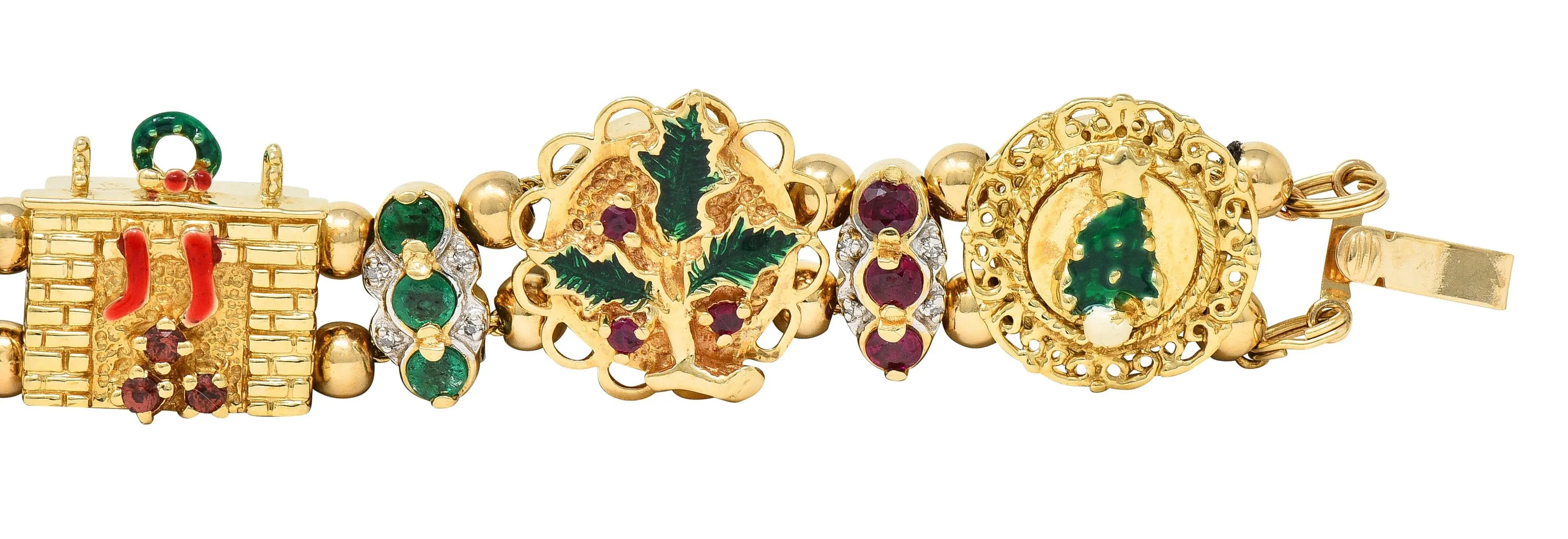 1990s Ruby Emerald Diamond Garnet Enamel 14 Karat Gold Vintage Christmas Slide Bracelet