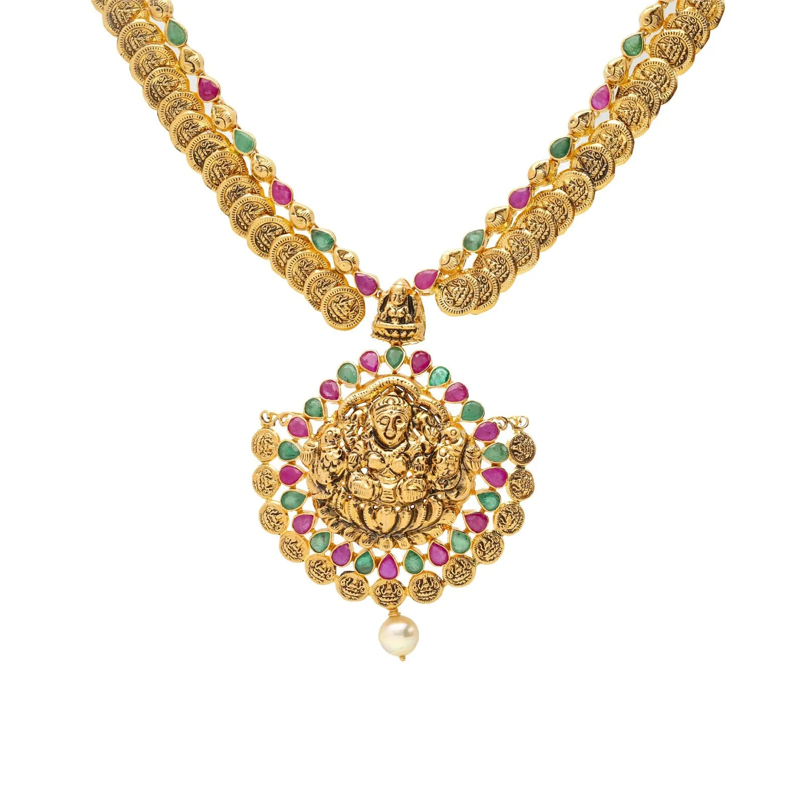 22K Gold & Gemstone Jeweled Medallion Temple Set