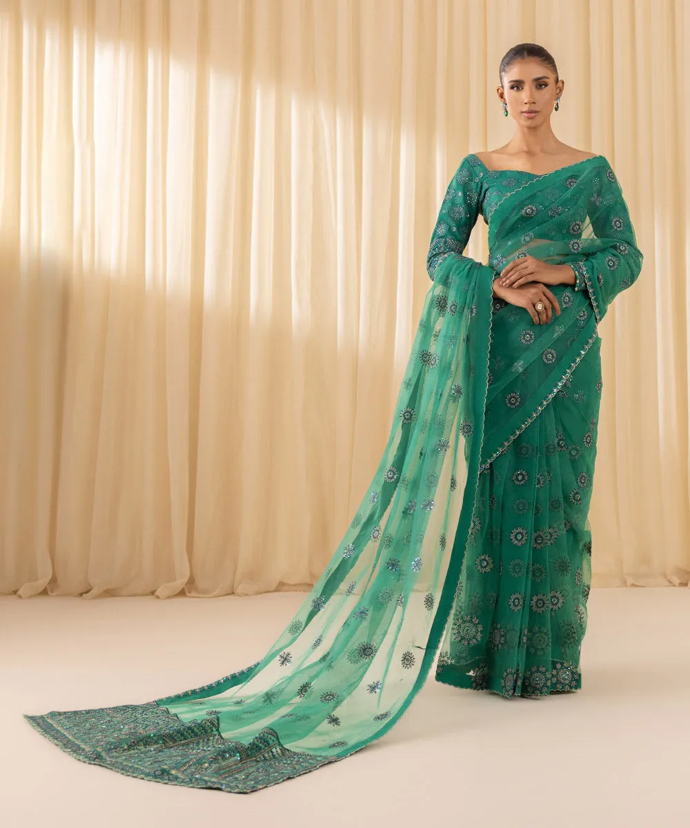 3 Piece -  Embroidered Net Saree