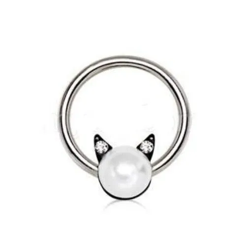 316L Stainless Steel Pearl Cat Snap-in Captive Bead Ring / Septum Ring