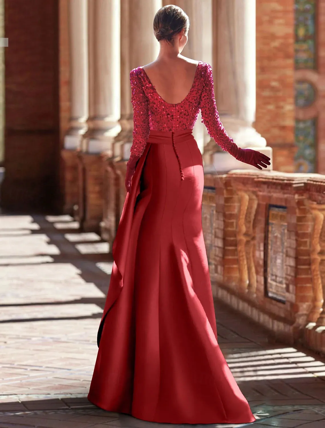 A-Line Evening Gown Elegant  Formal Floor Length Long Sleeve Jewel Neck Satin with Glitter Ruffles