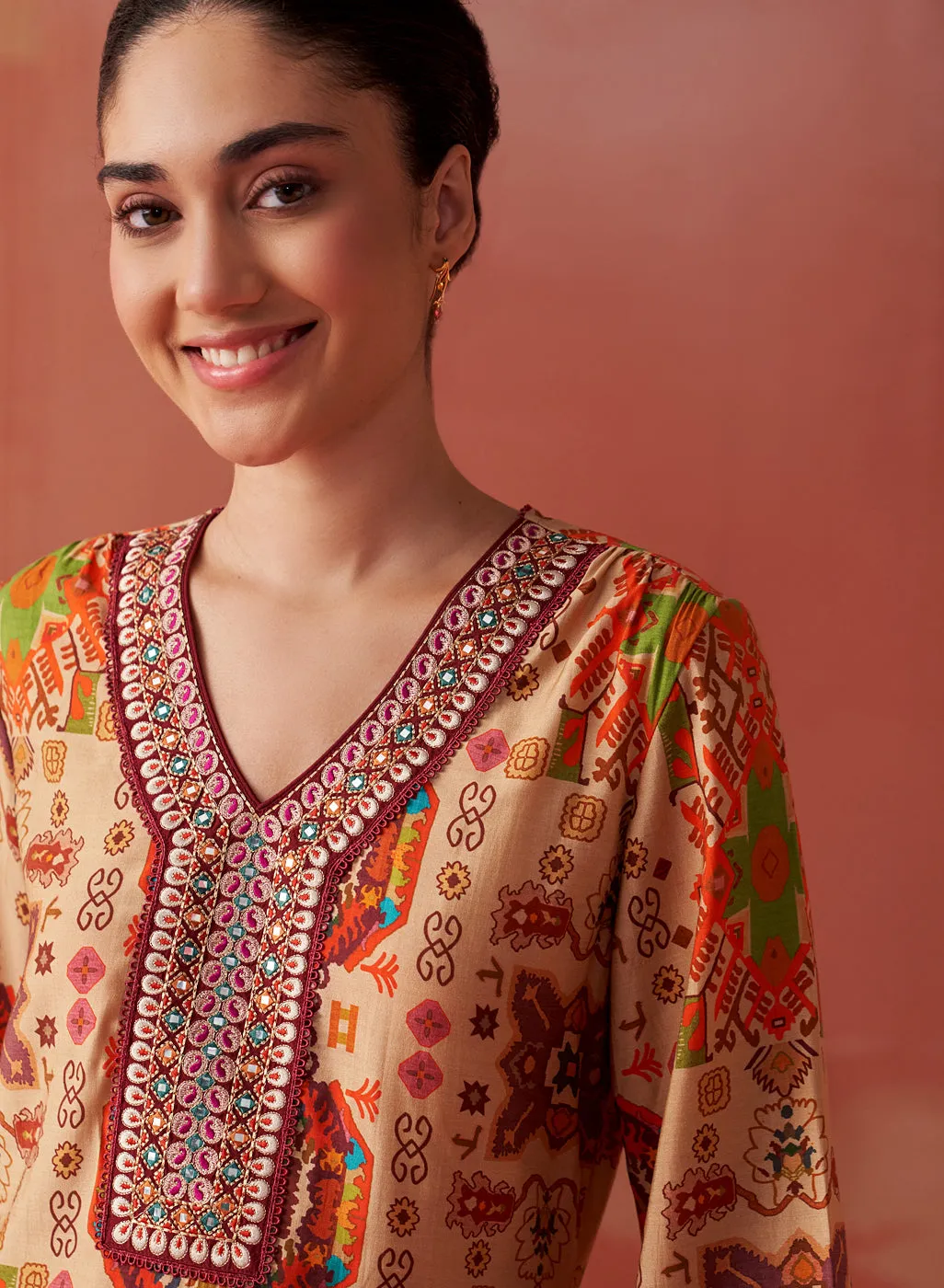 Abeera Mustard Printed Chanderi Straight Mirror Work Kurta