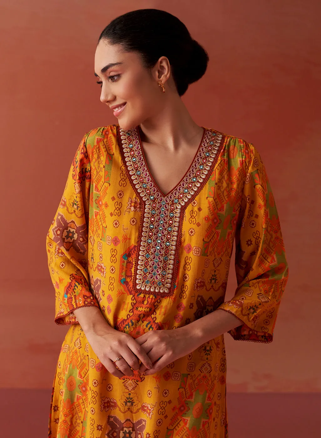 Abeera Mustard Printed Chanderi Straight Mirror Work Kurta