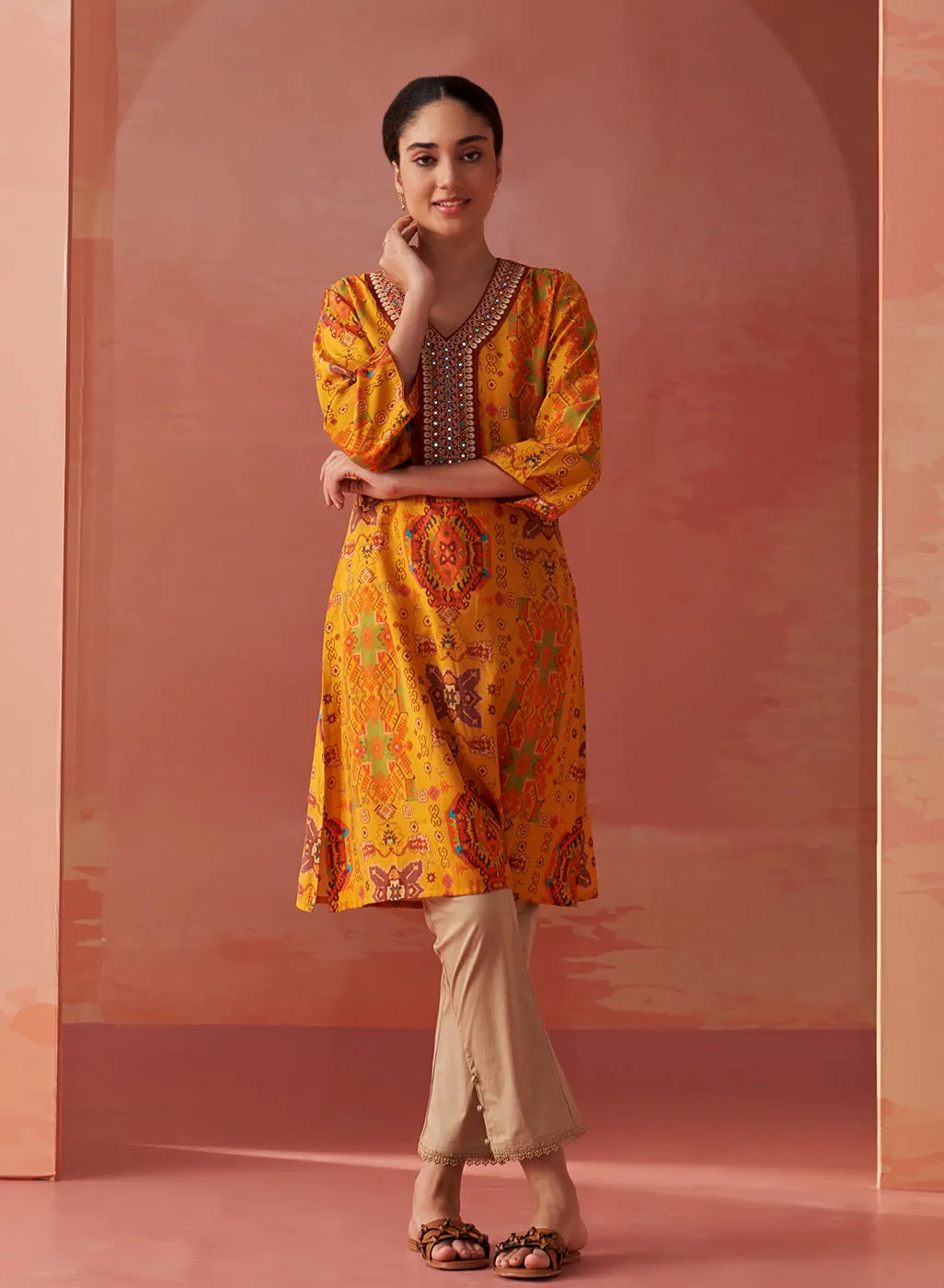 Abeera Mustard Printed Chanderi Straight Mirror Work Kurta