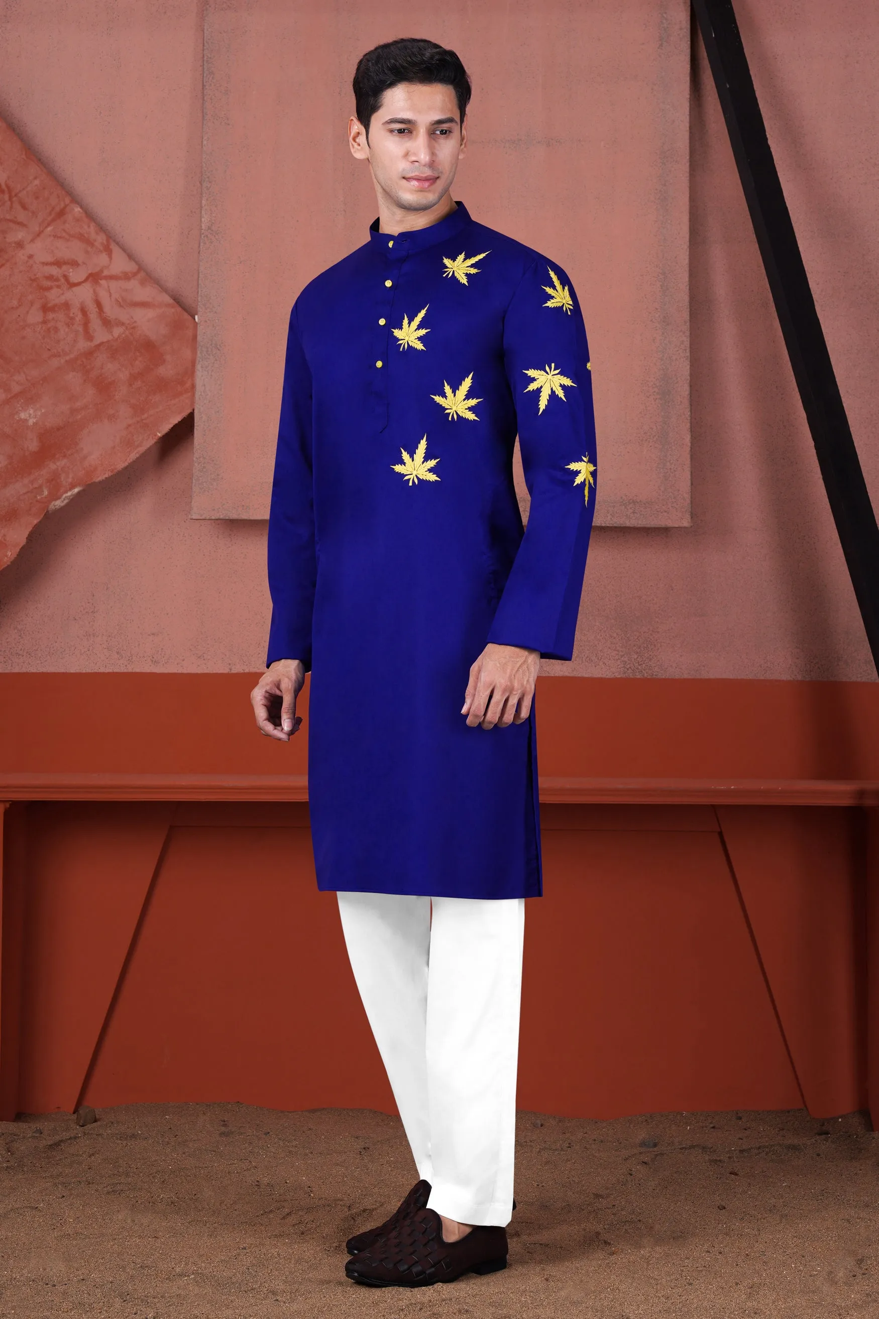 Arapawa Blue with Leaves Embroidered Subtle Sheen Super Soft Premium Cotton Designer Kurta Set