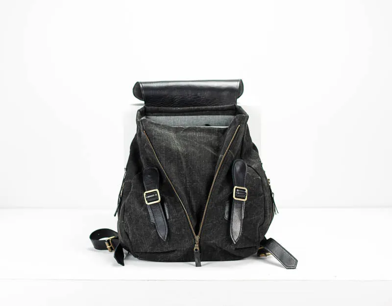 Artemis backpack - Black washed canvas and Black leather