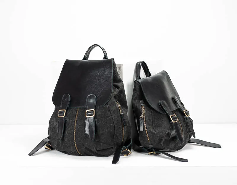 Artemis backpack - Black washed canvas and Black leather