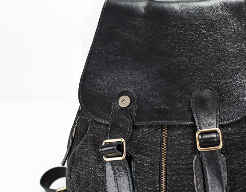 Artemis backpack - Black washed canvas and Black leather