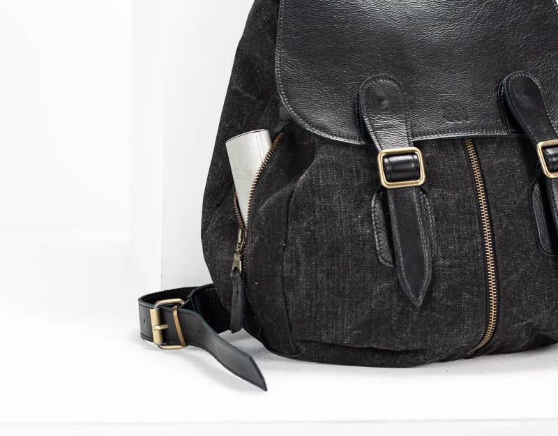 Artemis backpack - Black washed canvas and Black leather