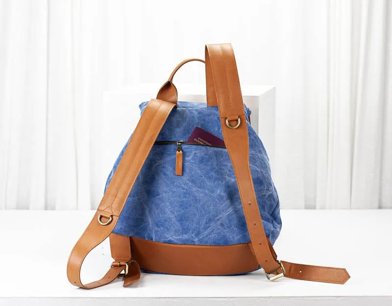 Artemis backpack - Blue stonewashed canvas and Brown leather