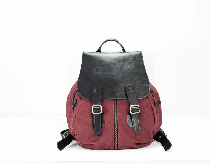 Artemis backpack - Burgundy canvas and Black leather