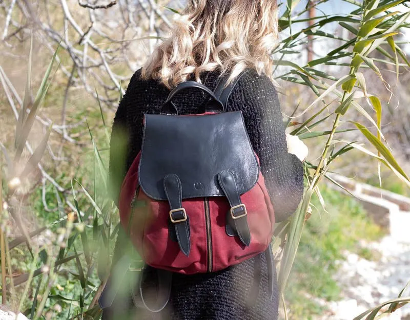 Artemis backpack - Burgundy canvas and Black leather