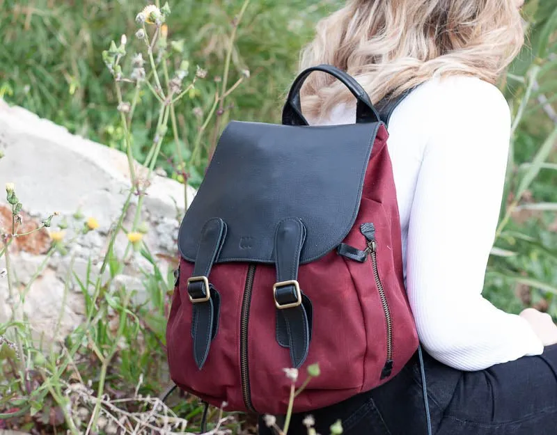 Artemis backpack - Burgundy canvas and Black leather