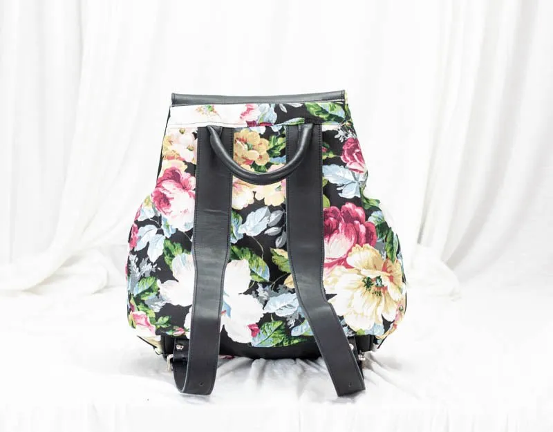 Artemis backpack - Floral canvas and Black leather