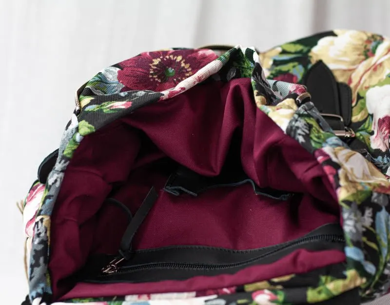 Artemis backpack - Floral canvas and Black leather