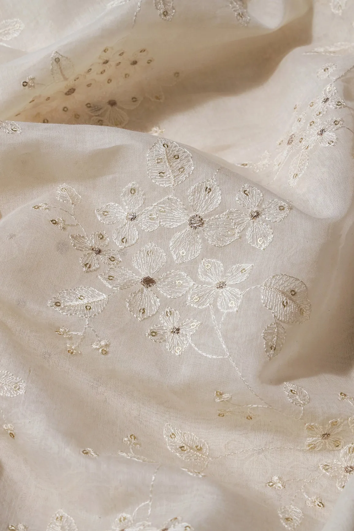 Beautiful Gold Sequins With Floral Embroidery On Cream Pure Banarasi Chanderi Silk Fabric