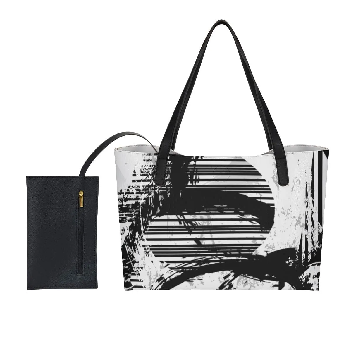 Black & White Geo - Shopping Tote Bag With Black Mini Purse