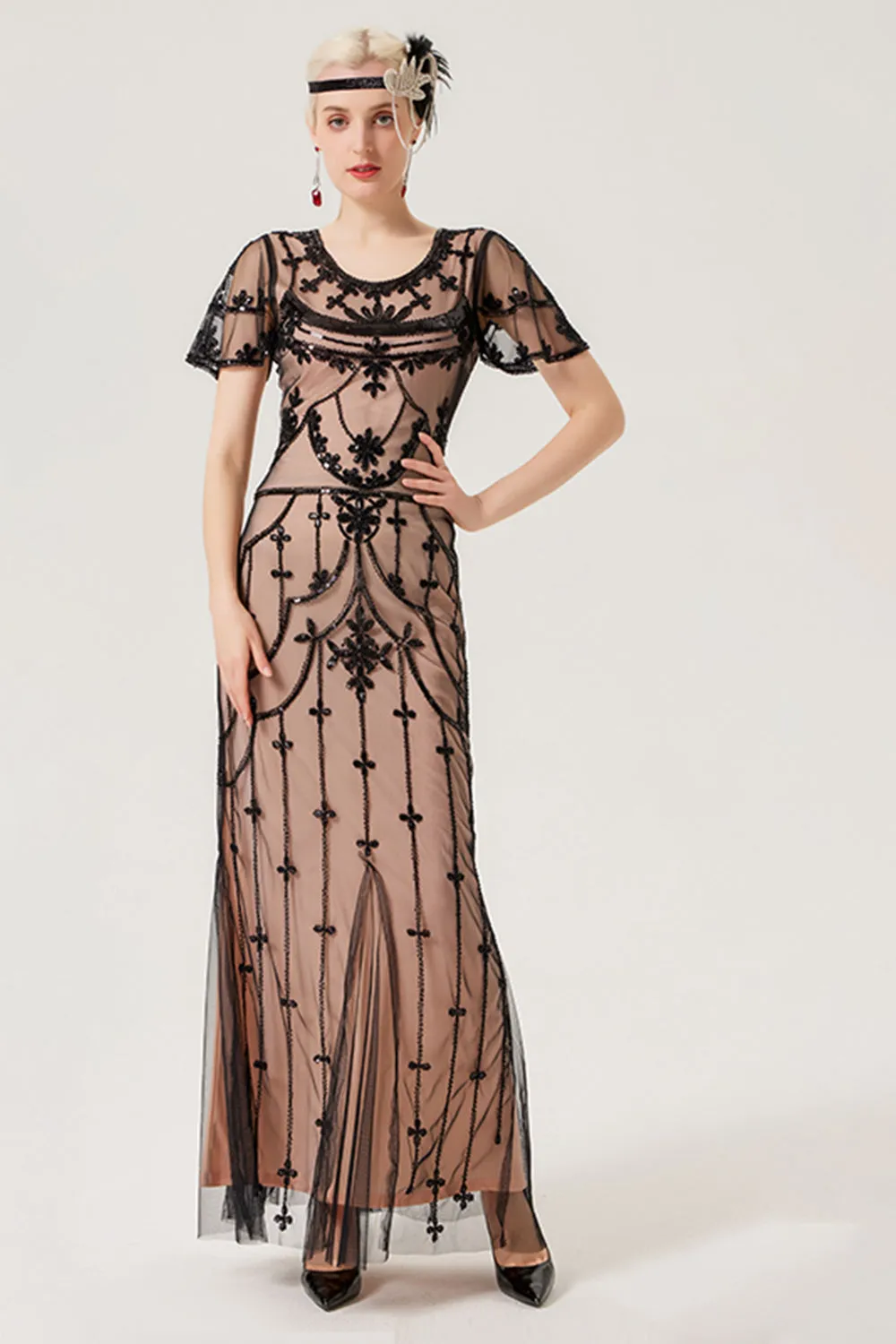 Black Blush Sequins Long 1920s Dress