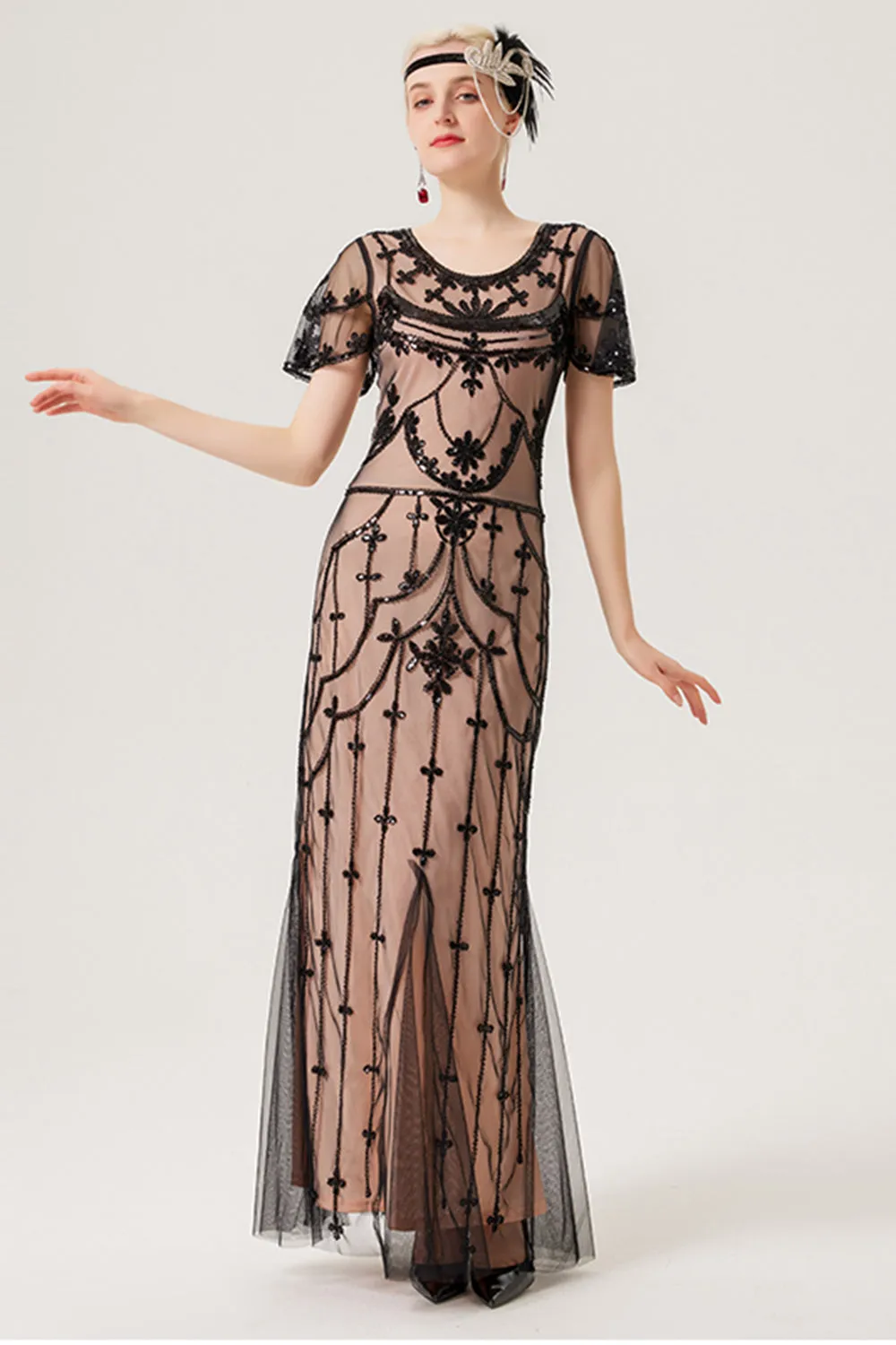 Black Blush Sequins Long 1920s Dress