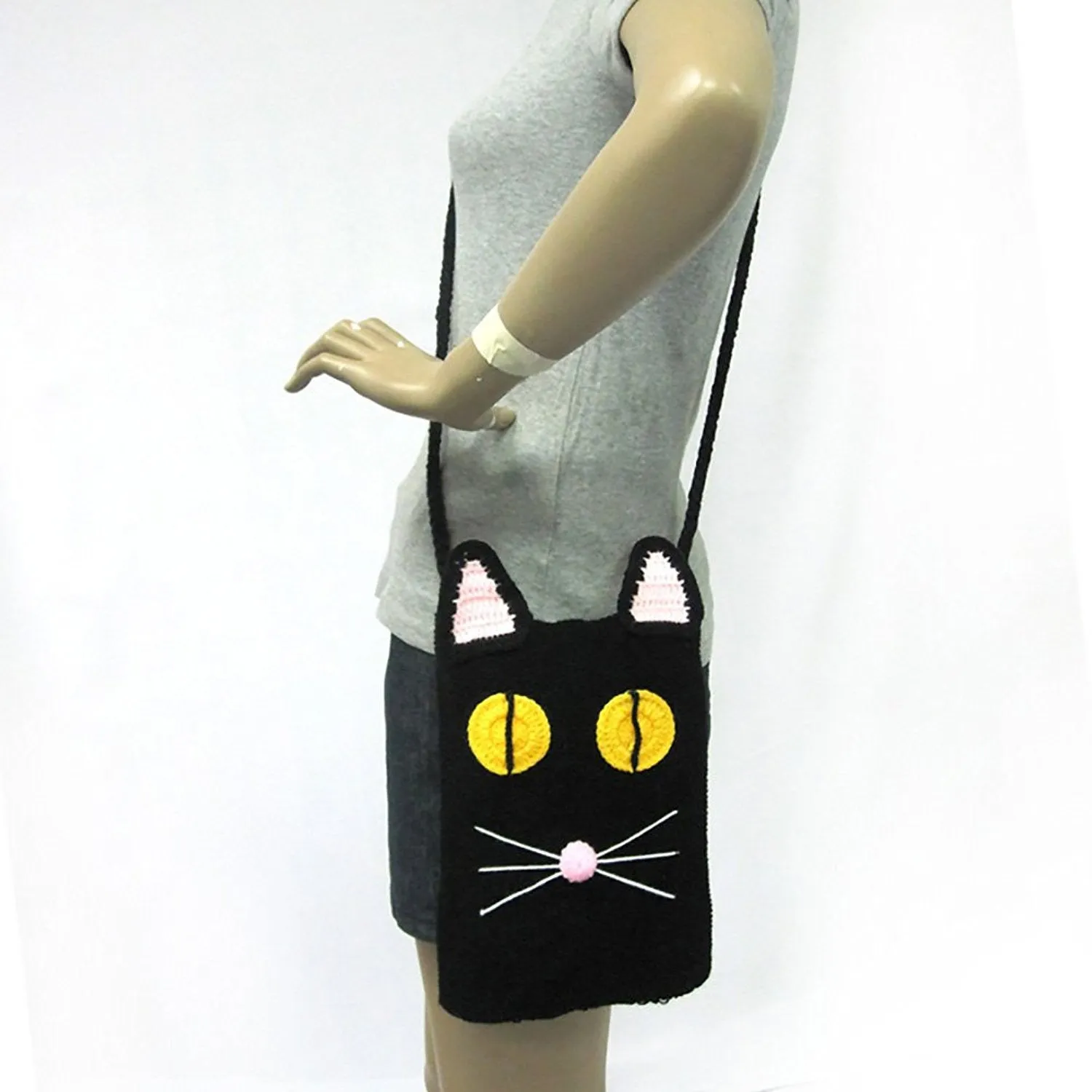 Black Cat Acrylic Yarn Crossbody Shoulder Handbag Purse