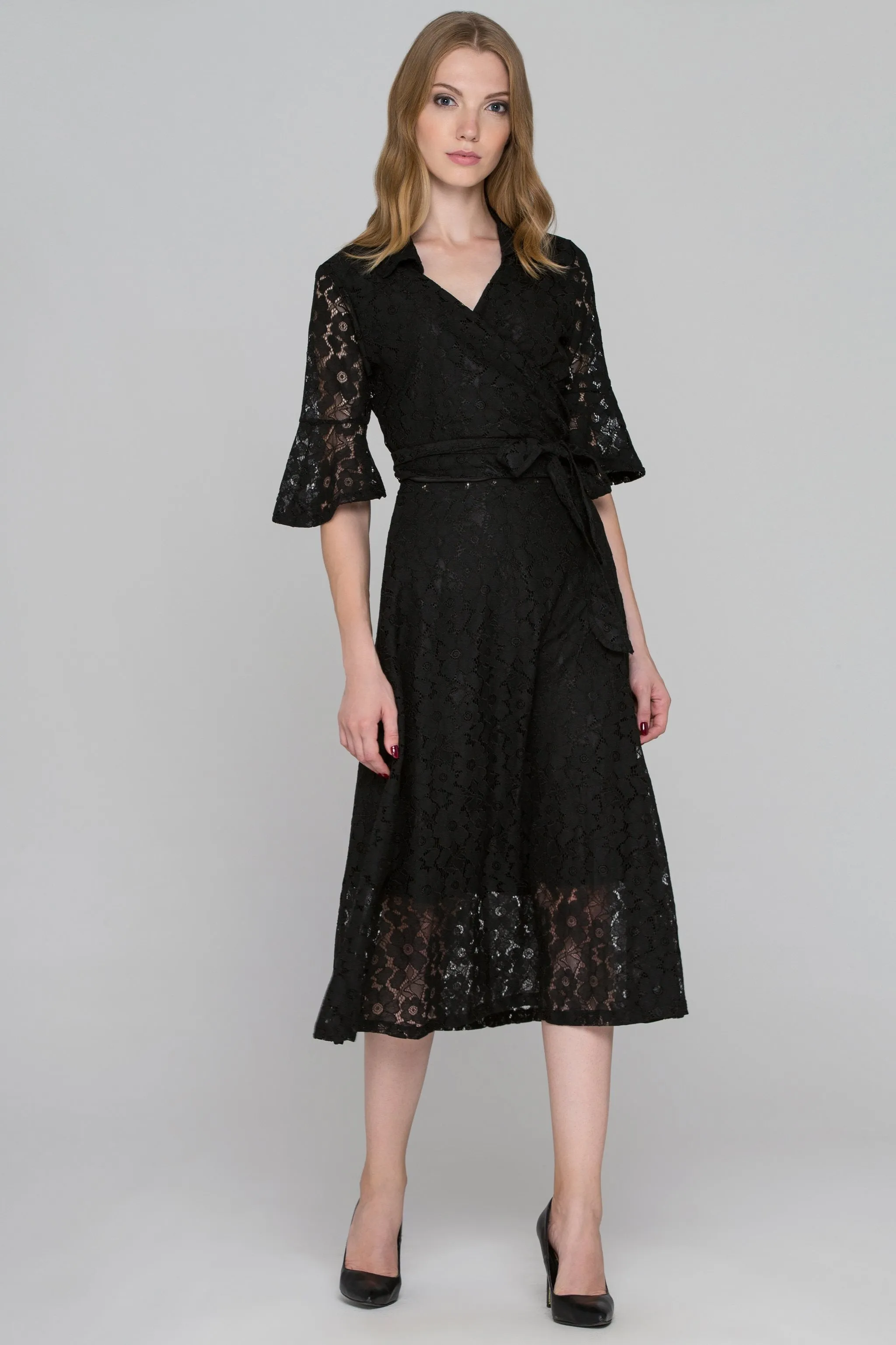 Black Lace Wrap Around Two Pieces Dress