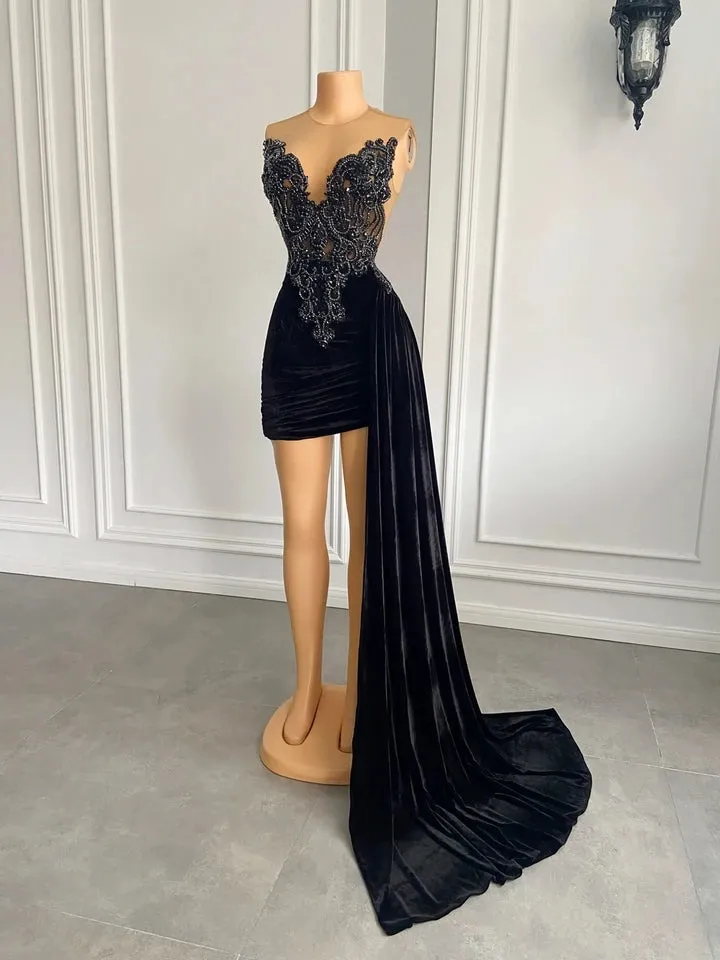 Black Velvet Beaded Embroidery Prom Dress