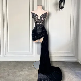 Black Velvet Beaded Embroidery Prom Dress