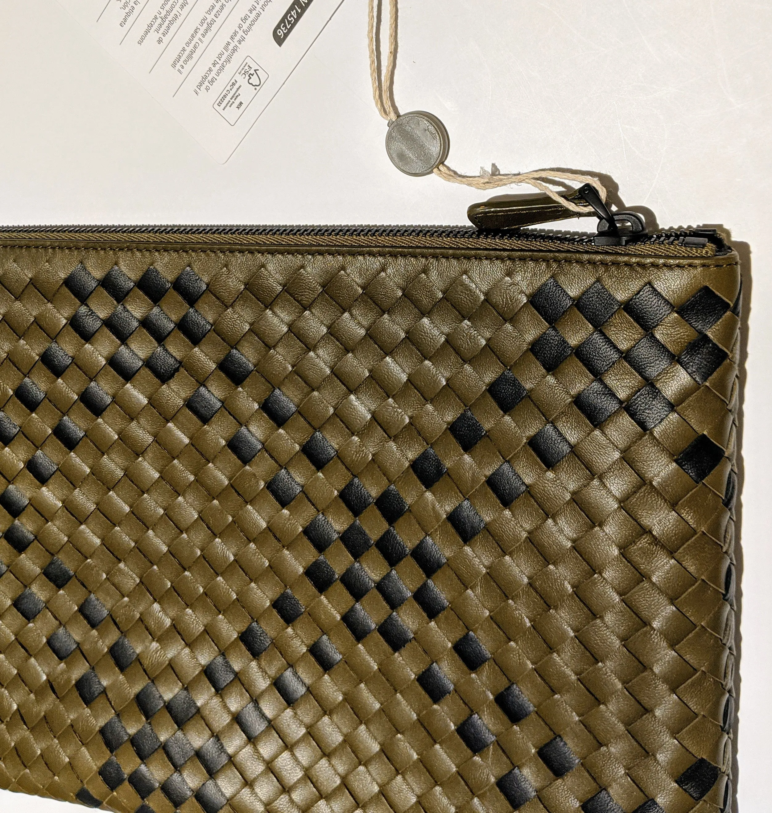 Bottega Veneta Woven Leather Pouch Clutch in Plaid Khaki Green and Gray