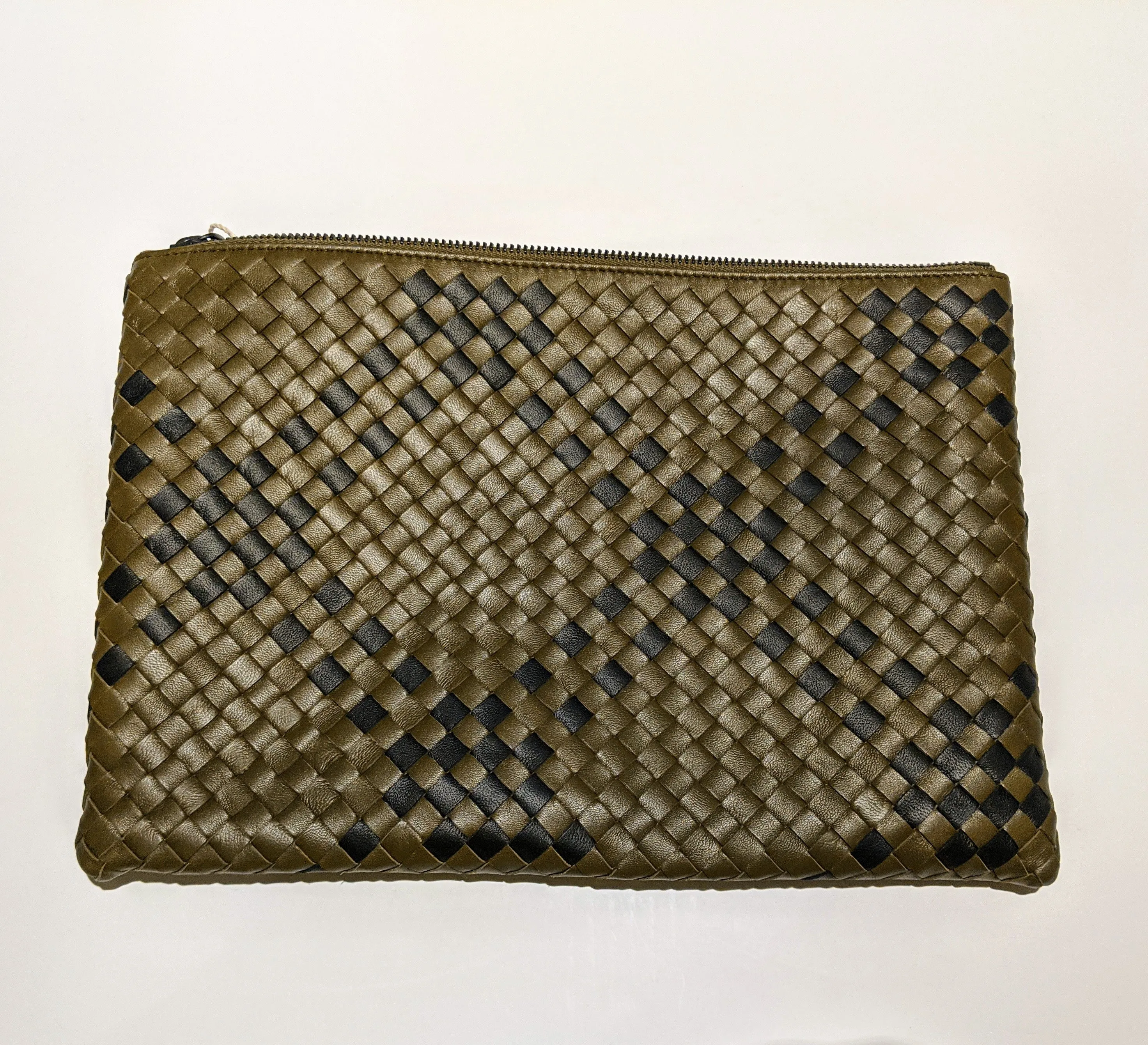 Bottega Veneta Woven Leather Pouch Clutch in Plaid Khaki Green and Gray