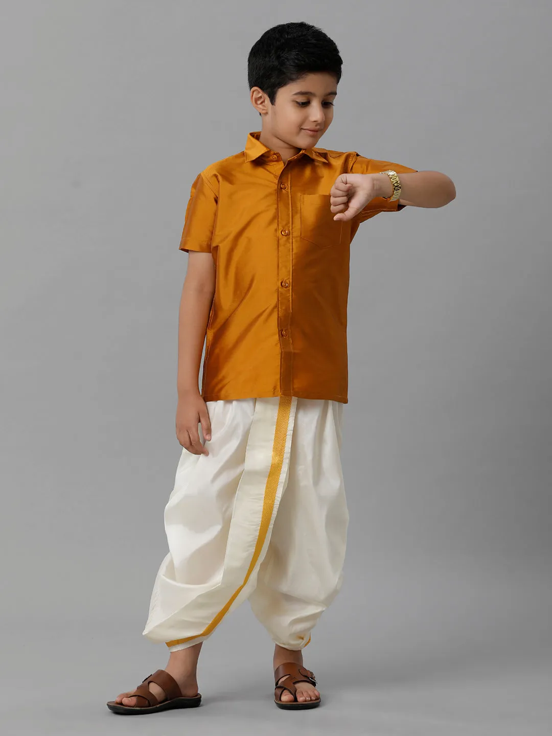 Boys Silk Cotton Mustard Half Sleeves Shirt with Soft Silk Panchakacham Combo K37