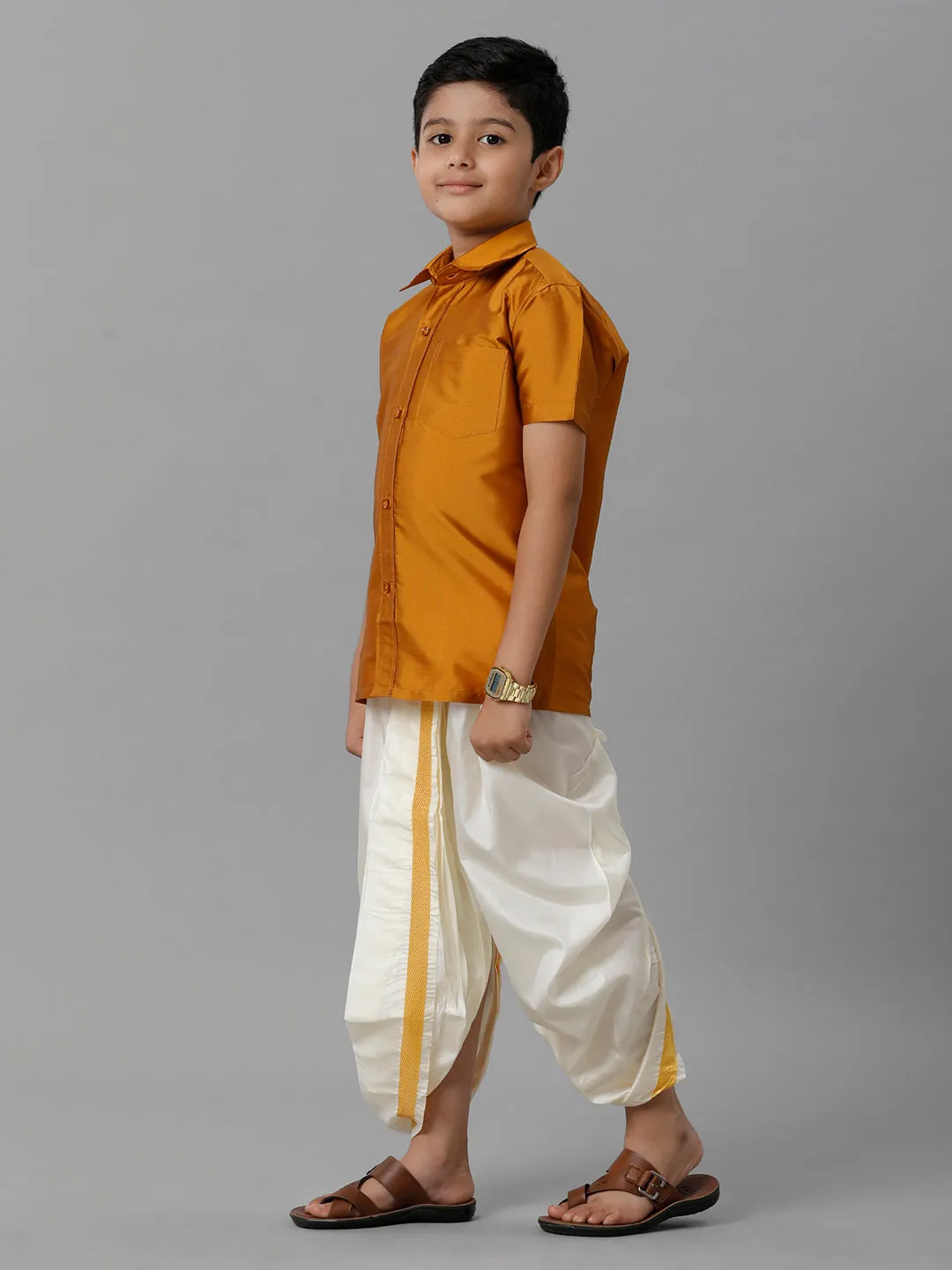 Boys Silk Cotton Mustard Half Sleeves Shirt with Soft Silk Panchakacham Combo K37