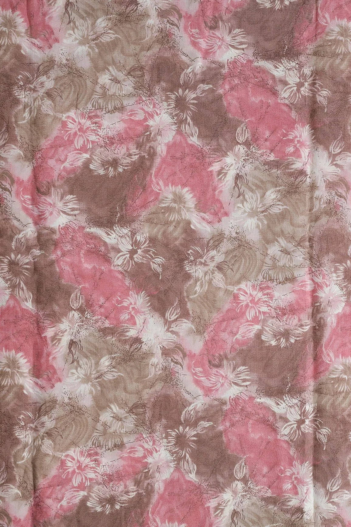 Brown And Cream Floral Foil Print On Viscose Chanderi Silk Fabric