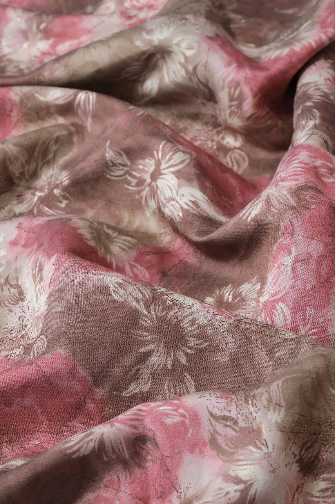 Brown And Cream Floral Foil Print On Viscose Chanderi Silk Fabric