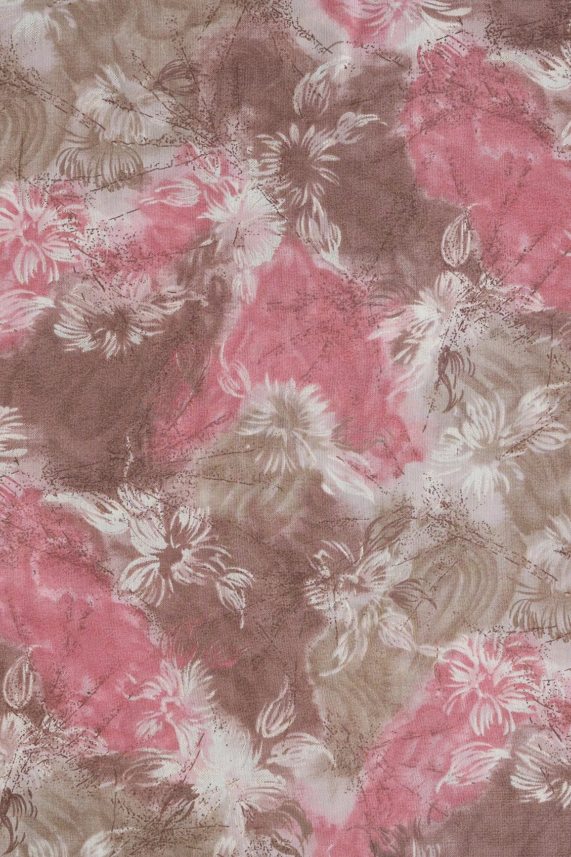 Brown And Cream Floral Foil Print On Viscose Chanderi Silk Fabric