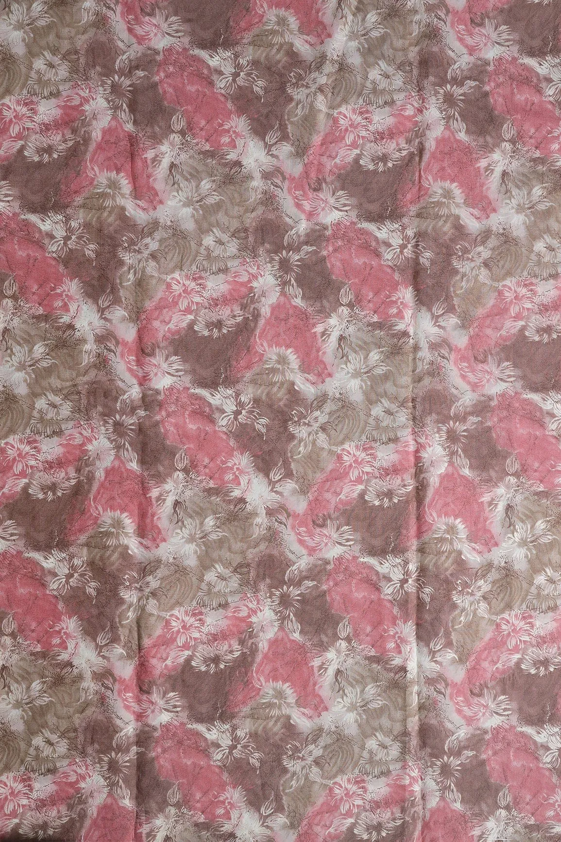 Brown And Cream Floral Foil Print On Viscose Chanderi Silk Fabric