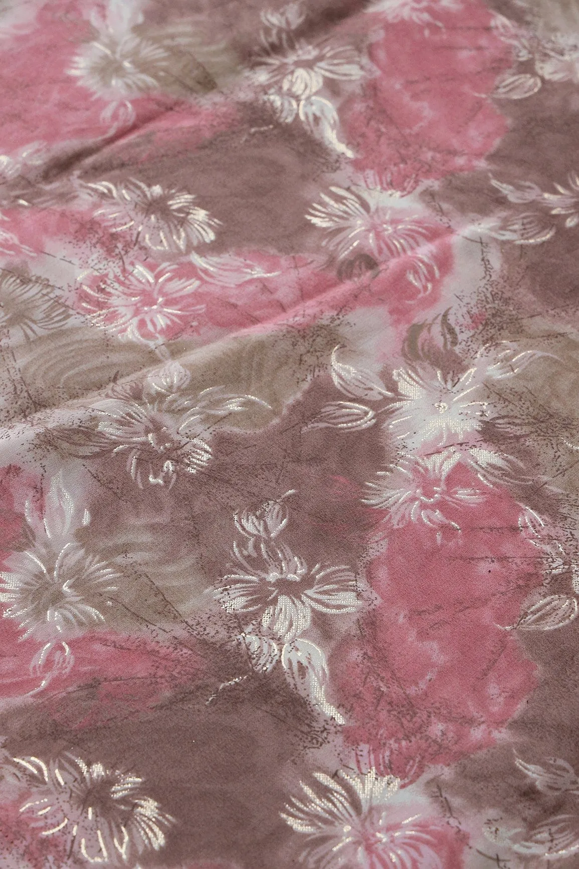 Brown And Cream Floral Foil Print On Viscose Chanderi Silk Fabric