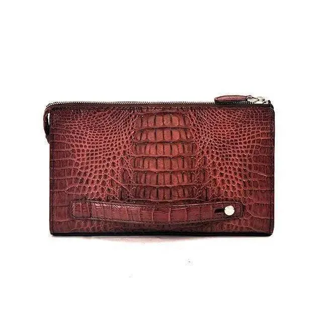 Brown  Crocodile Skin Leather Mens Zip Top Clutch Bag