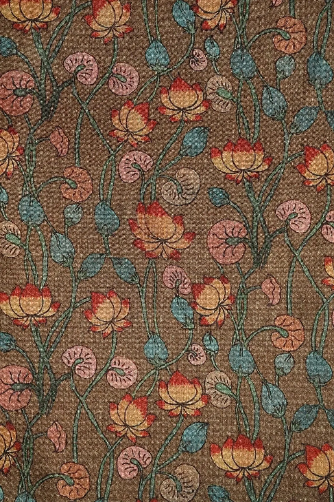 Brown Floral Pattern Digital Print On Mulberry Silk Fabric