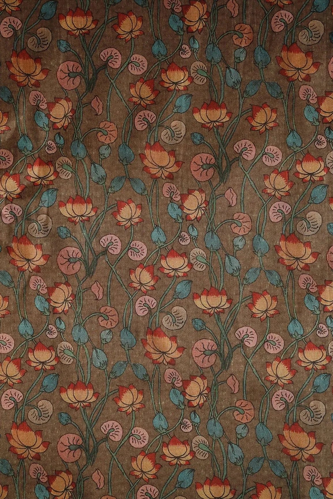 Brown Floral Pattern Digital Print On Mulberry Silk Fabric